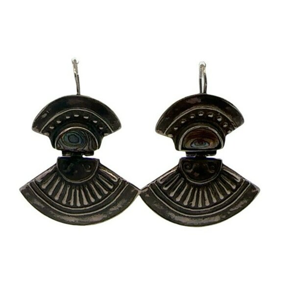 Vintage Sterling Silver & Abalone Fan Hinged Artisan Pierced Earrings! 113 - Picture 1 of 4